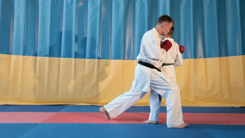 Boy learning from his karate instructor