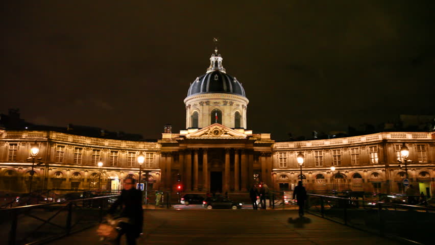 Institut de France, night view from first iron bridge across Seine Paris