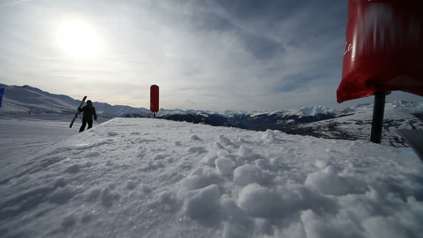 Girl skiing in snowboarding park Trick jump. Location:  France Source: Canon EOS 5D Mark II