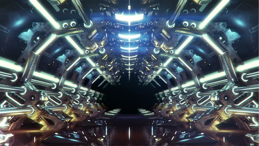 walking inside of futuristic metallic corridor with forking electric lightning passing the camera from behind. seamless loop, HD