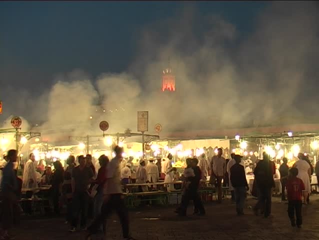Food stalls in the evening in Marrakesh's central Medina, Morocco.