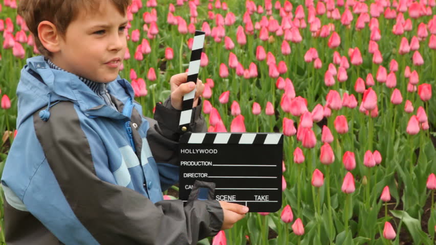 boy says, claps clapperboard on many pink tulips field and out of frame