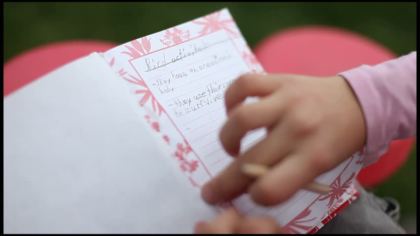A detail of a girl who writes by hand with pencil about her birds observations in her science journal - Very shallow depth of field - focus on pencil and text.