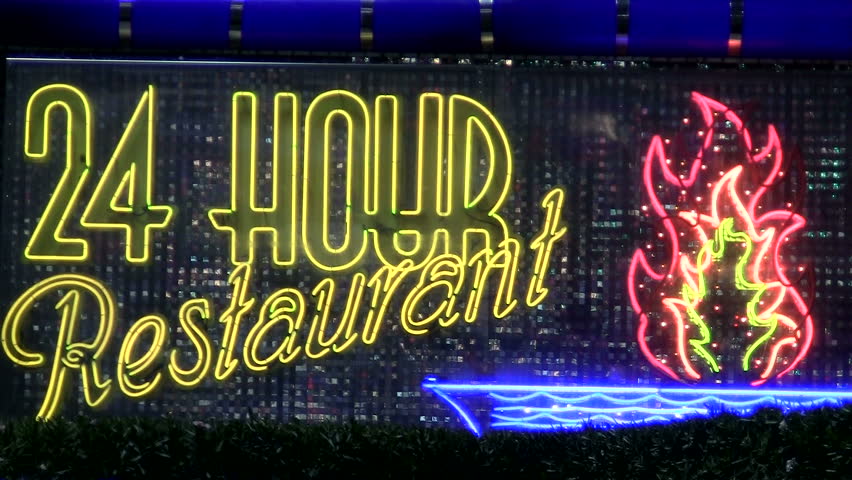 Open 24 hours restaurant neon sign - HD