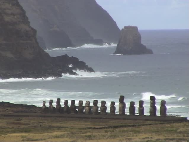 2-shots of a Long line of Moai Statues at Ahu Tongariki on Easter Island, South Pacific.