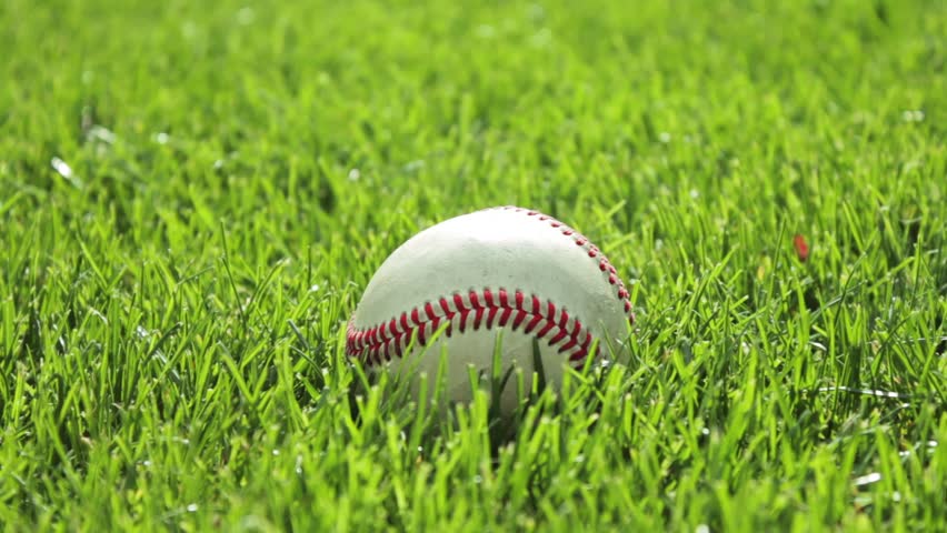 Baseball in grass, picked up by player