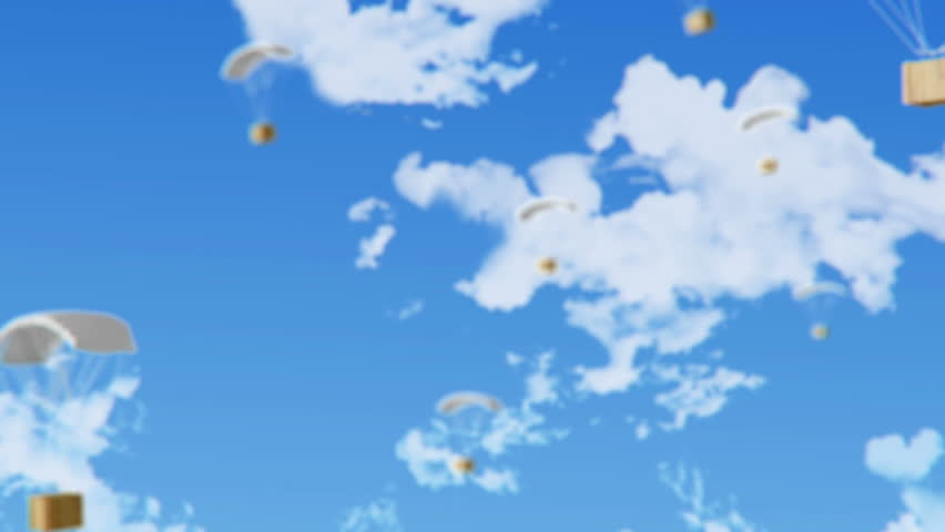 Animated parachute with wooden box in the sky.
