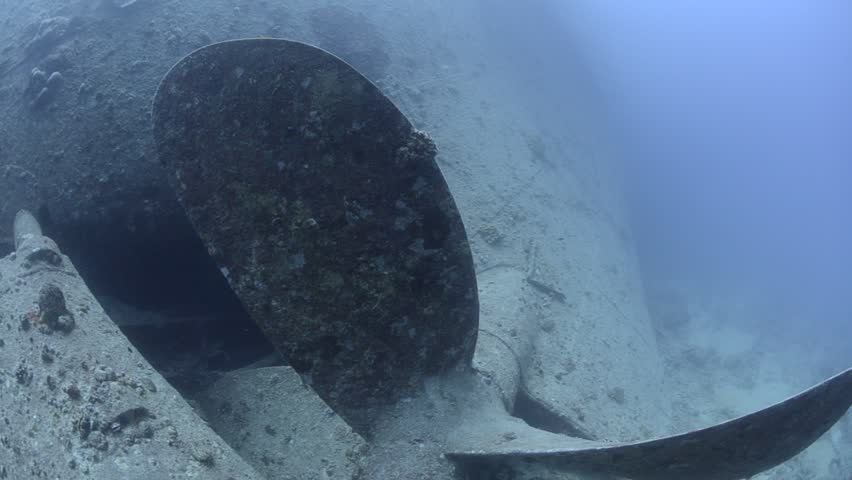 Fisheye Wide angle view of the propeller on the  SS Thistlegorm. Gulf of Suez, Red Sea, Egypt.