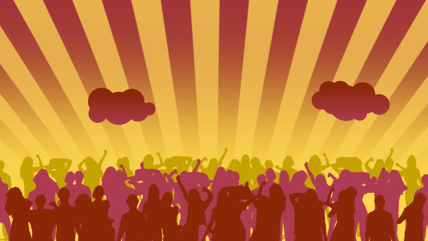 Crowd of dancing people. Over them the stylized sky with clouds