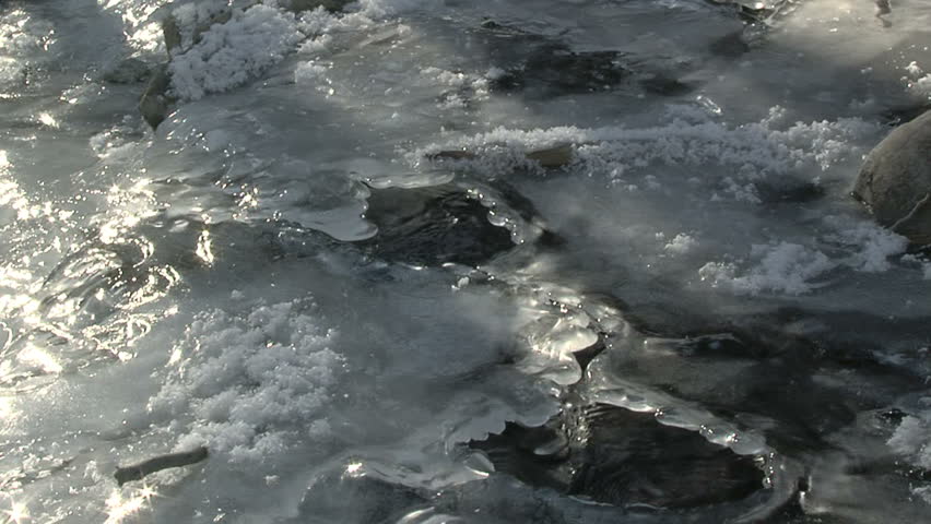 Water flowing in patterns under thin ice in a stream.