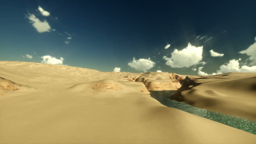 Camera fly over sands and river, time lapse