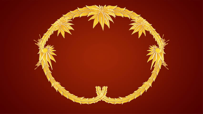 Growing golden elements forming a title framing, red background. HD CG animation. 