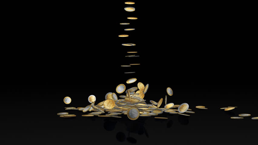 Euro coins falling and tree with EUR bills growing