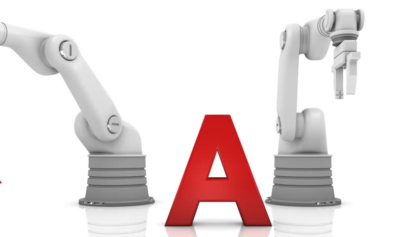 Industrial robotic arms building brand word isolated on white background