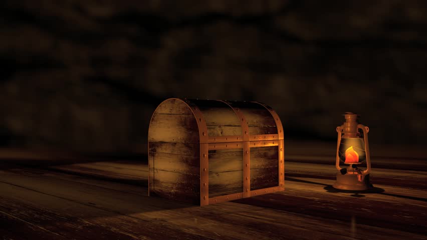 Computer generated animation of a wooden treasure chest opening to green screen. High definition 1080p.