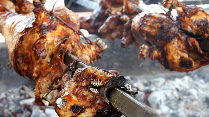 Meat on the spit, delicious roasted meat from sheep and pigs