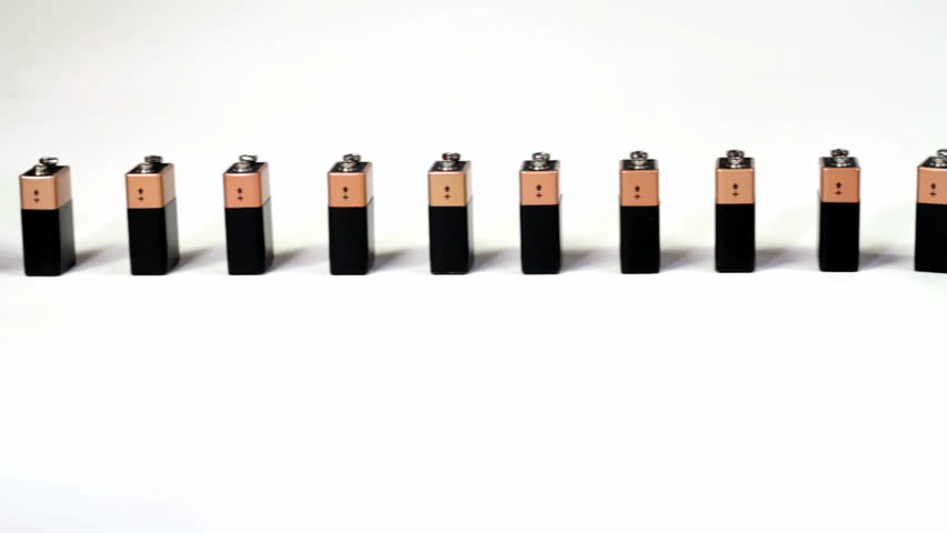 9-Volt batteries falling like dominoes, long ending
