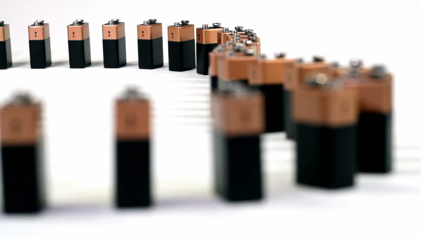 9-volt batteries falling like dominoes, no camera motion.
