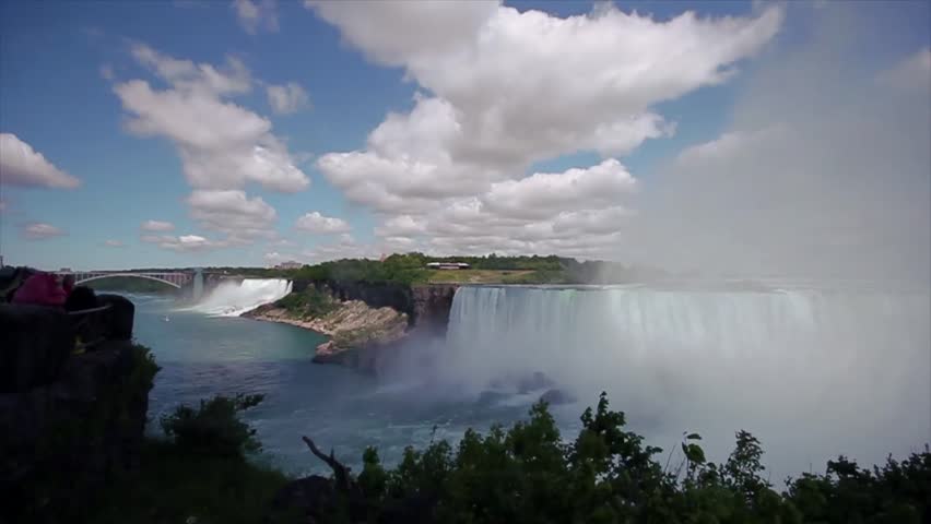A fast-paced shot of Niagara Falls with a natural perspective. Trees, grass and greenery surrounding the falls on a sunny day.