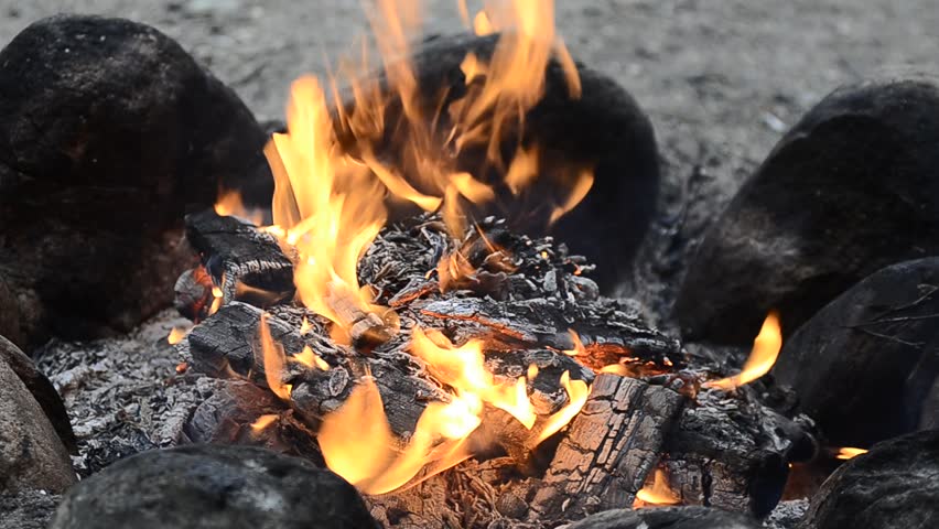 Campfire outdoors in late cold night