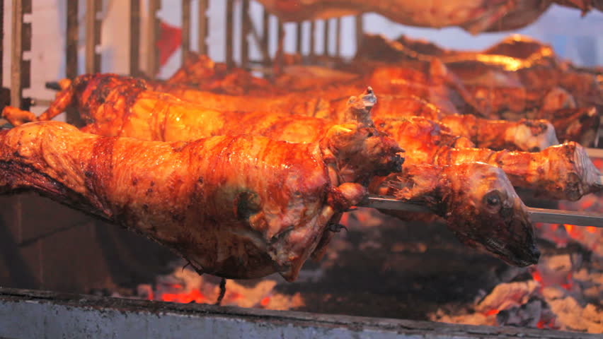 Lamb on skewer, preparing for holiday of Vlacherna monastery, Corfu, Greece