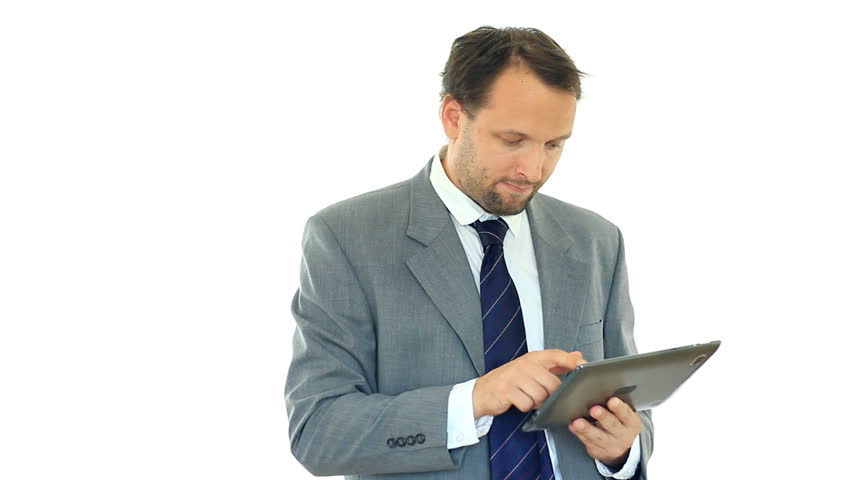 Businessman with tablet computer showing thumbs up, ok sign, isolated 