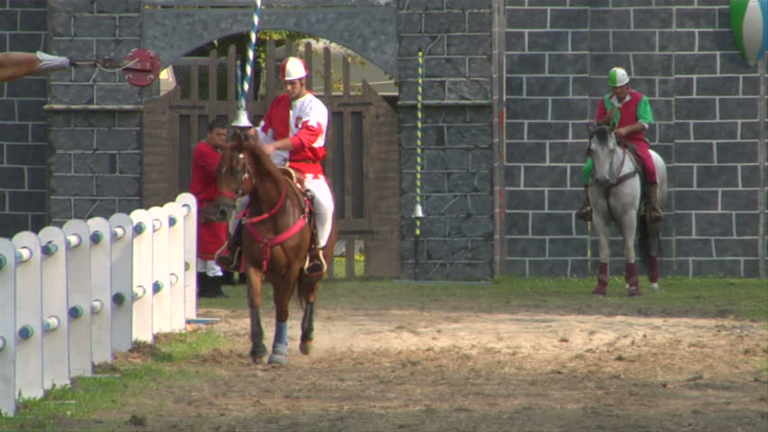COMO, ITALY - CIRCA SEPT 2011:  Palio del Baradello re-enacts Barbarossa's visit to his allies in Como after defeating Milan in the 1159 battle, circa Sept 2011, Como, Italy. Period dances, games and shows create a medieval atmosphere at this annual event