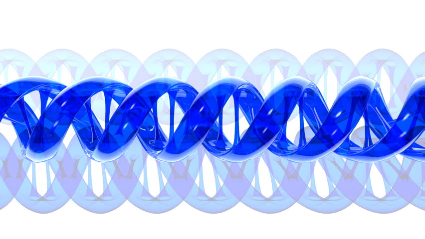 Shiny blue transparent animated DNA strand turns.