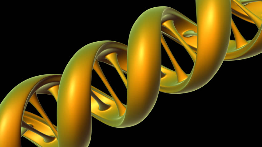 Yellow and green animated DNA strand turns.