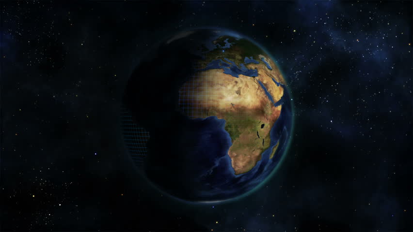 Shaded Earth turning on itself with grid and blue connections in the space 