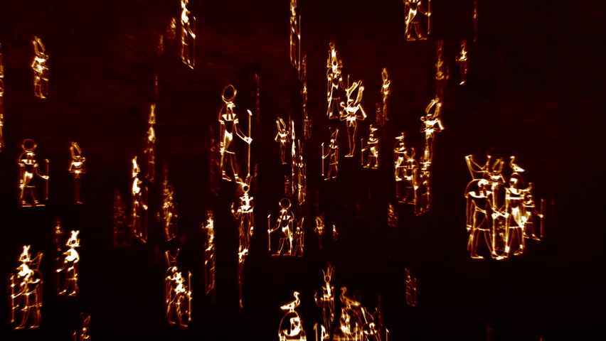 Egyptian deity symbols flying/floating/rotating in 3D space.