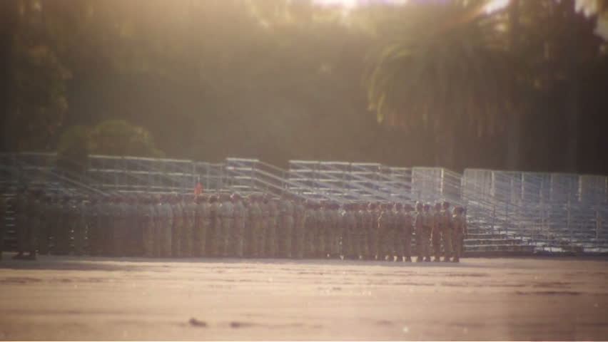 Large group of Marines standing in formation at attention
