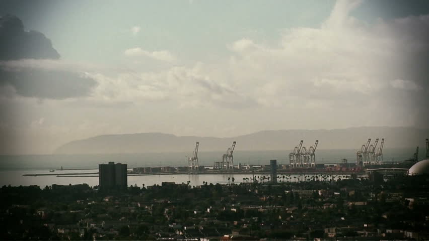 Wide shots of Long Beach harbor & cityscape