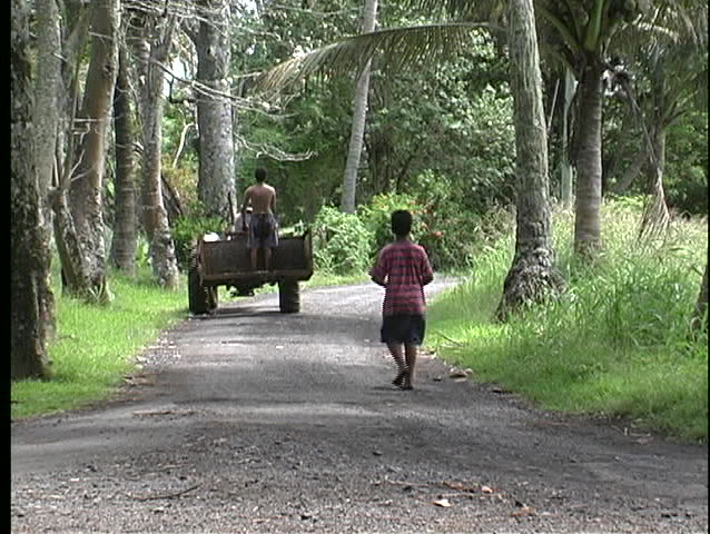 A rural gravel road with a boy walking alone as a tractor passes by on Rarotonga one of the Cook Islands in the South Pacific.