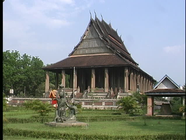 A medium shot of a Buddhist temple in Vientiane, Laos.