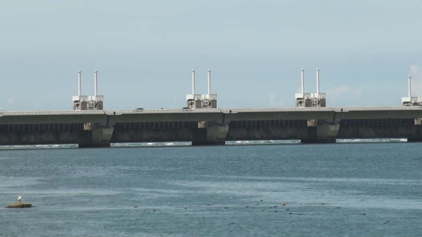 Eastern Schelde storm surge barrier in Zeeland, the Netherlands is the largest flood barrier in the country ans was opened in 1986