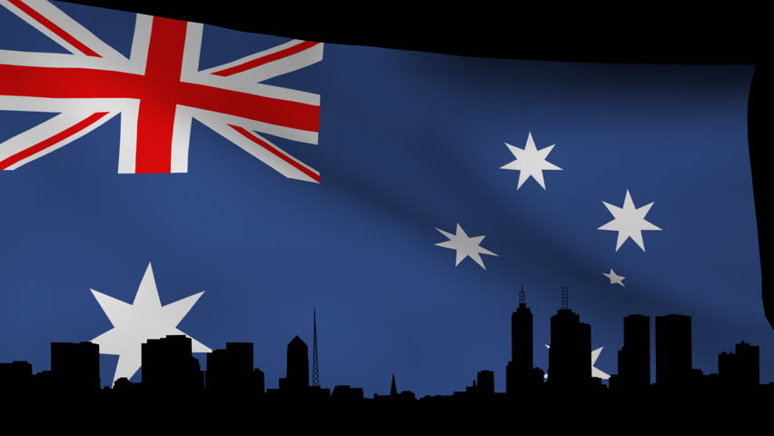 Melbourne with rippling Australian Flag animation