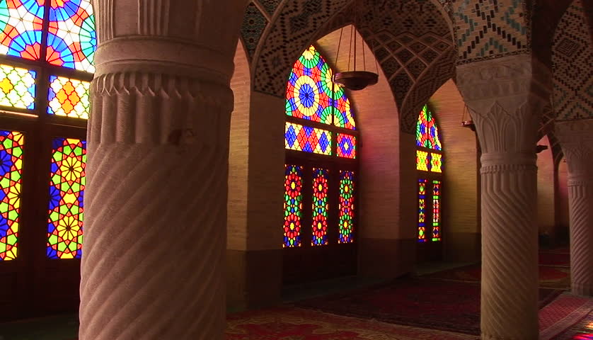 Sun shines through stained glass windows inside the Nasir Molk Mosque in Shriaz, Iran. 
