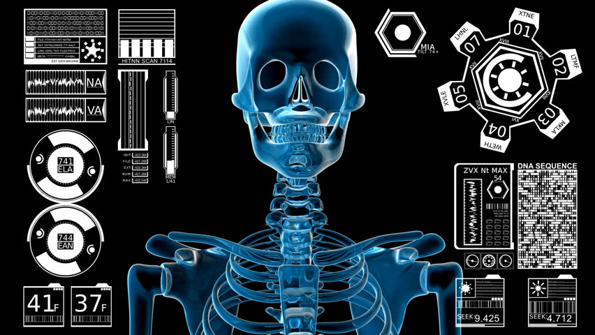 Skeleton bust rotating + on screen data 3D animation. Rendered in HD.