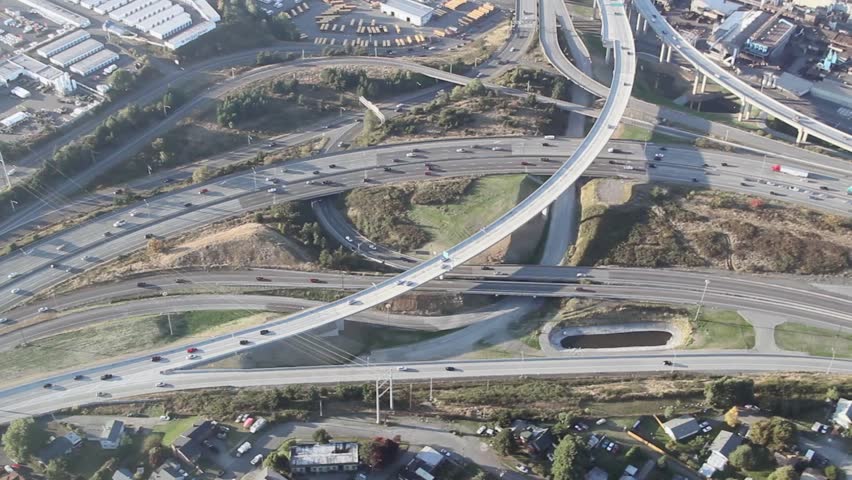 Aerial view of traffic on a highway during rush hour.