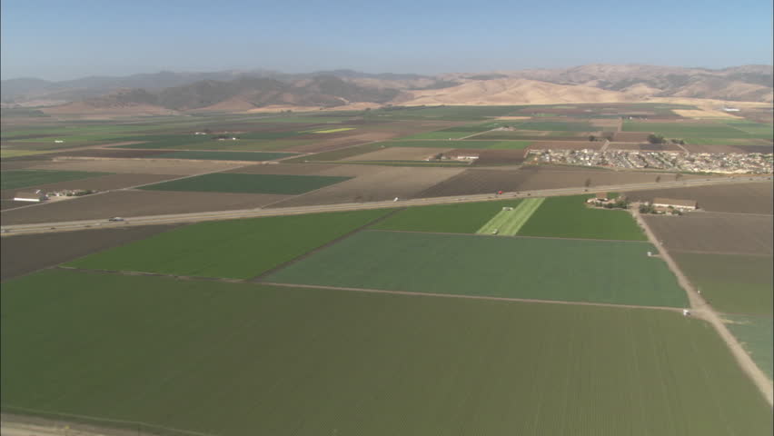 Helicopter aerial of farmland in the Salinas Valley, California.