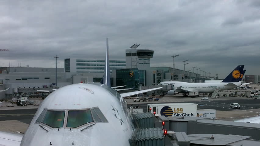 FRANKFURT - CIRCA SEPT 2011:  Exterior of Frankfurt International Airport from inside plane, circa September 2011 in Frankfurt Germany. Frankfurt Airport is by far the busiest airport by passenger traffic in Germany, the third busiest in Europe