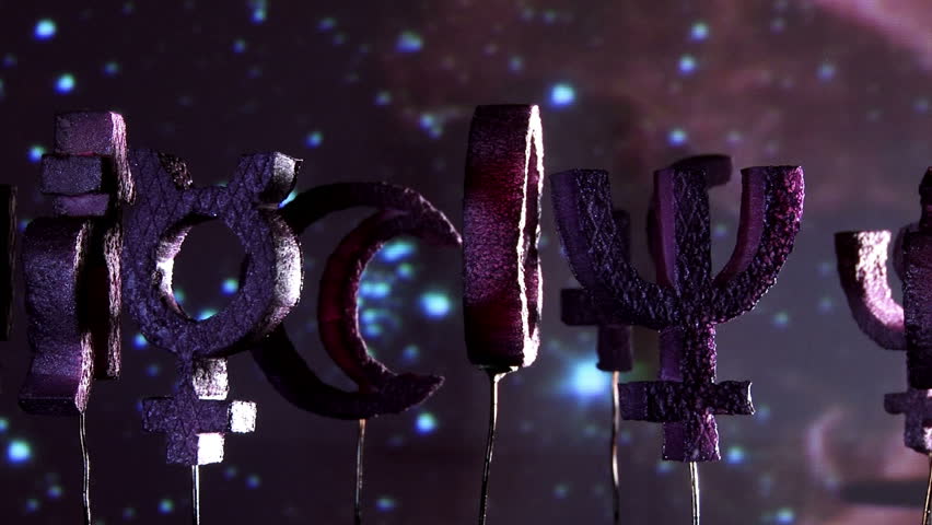 Astrology, planets symbols rotate, purple space in background