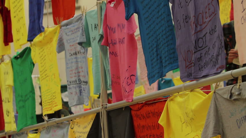 OREM, UT- NOV 2: Clothesline Project at Utah Valley University Nov, 2 2011 in Orem, Utah. Abuse victims wrote stories on shirts describing violence, rape, drugs, murder, incest to be displayed in the public exhibition.  