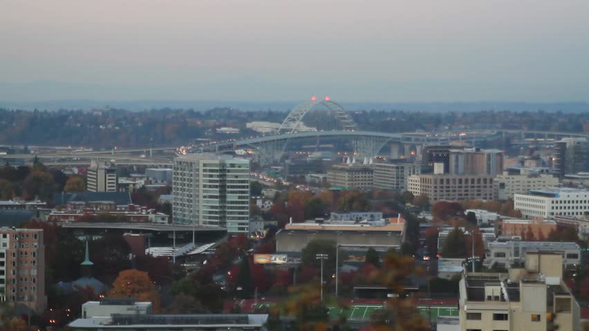 Fremont Bridge and Moonrise Over Portland Oregon Cityscape at Blue Hour in Fall and Autumn Season 1080p panning