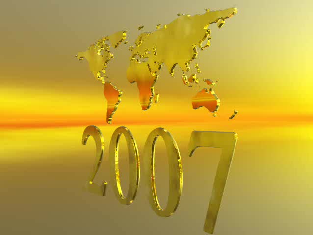 Happy New years 2007 with a world map against a colorful exploding firework sky, 3D illustration,