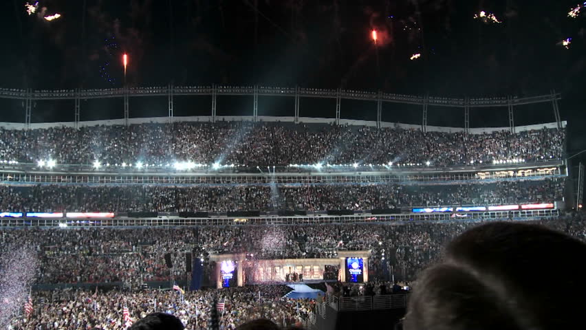 DENVER, COLORADO - CIRCA 2008: Fireworks explode over Invesco Field as Senator Barack Obama accepts his party's nomination for President during the 2008 Democratic National Convention.