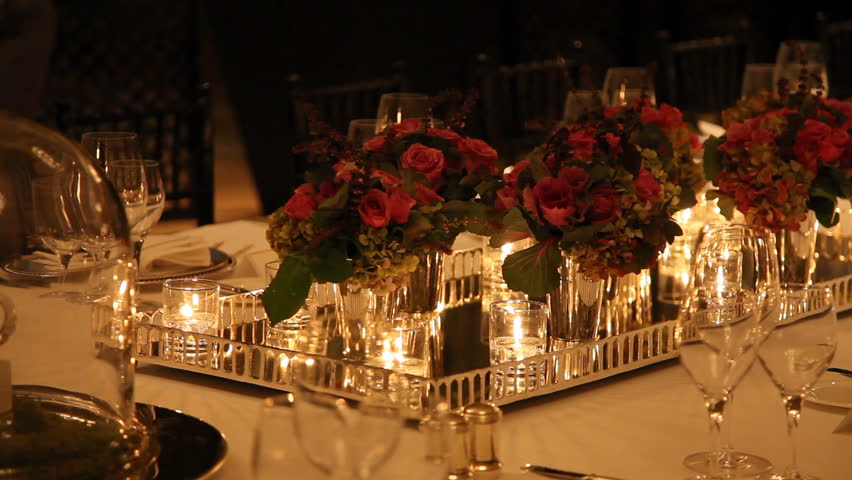 Elegant Candlelight Dinner Table Setting At Reception Stock Footage