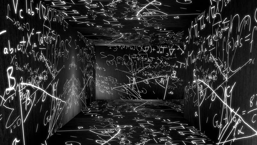 Labyrinth design with Mathematical , Physical science formulas flying around on the walls, floor and ceiling of the scene.