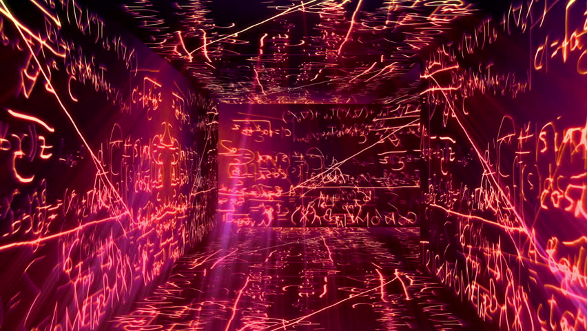 Labyrinth design with Mathematical , Physical science formulas flying around on the walls, floor and ceiling of the scene.